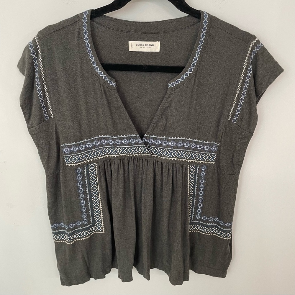 Lucky Brand Embroidered Geo Top Size Small Washed Black Boho Cross Stitch. 10 - Picture 2 of 11